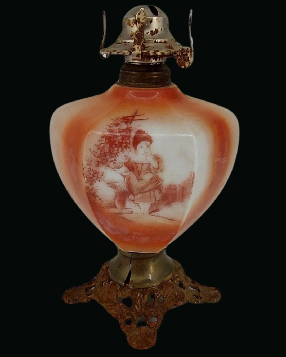 Victorian Opaline Glass Oil Lamp Font on Cast Base
