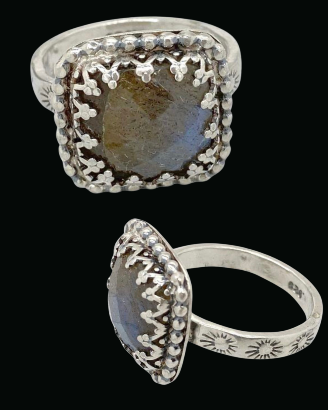 Two views of a sterling silver ring featuring a large, square, iridescent gray stone with a floral filigree border, set against a solid black background.