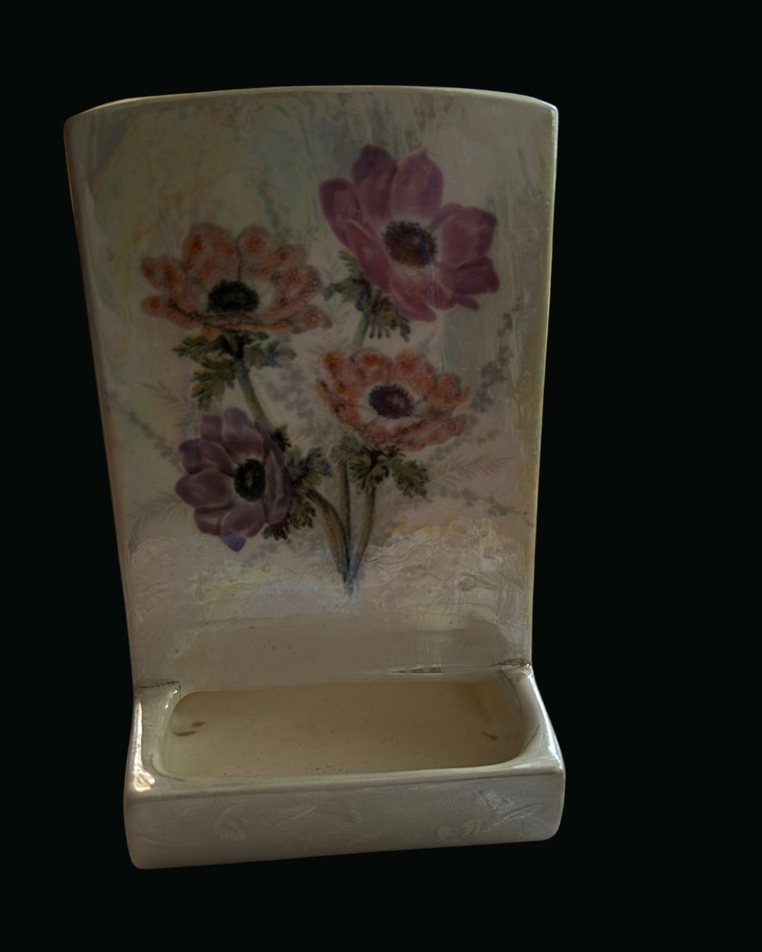 Pearl Luster Ceramic Match Holder with Anemones