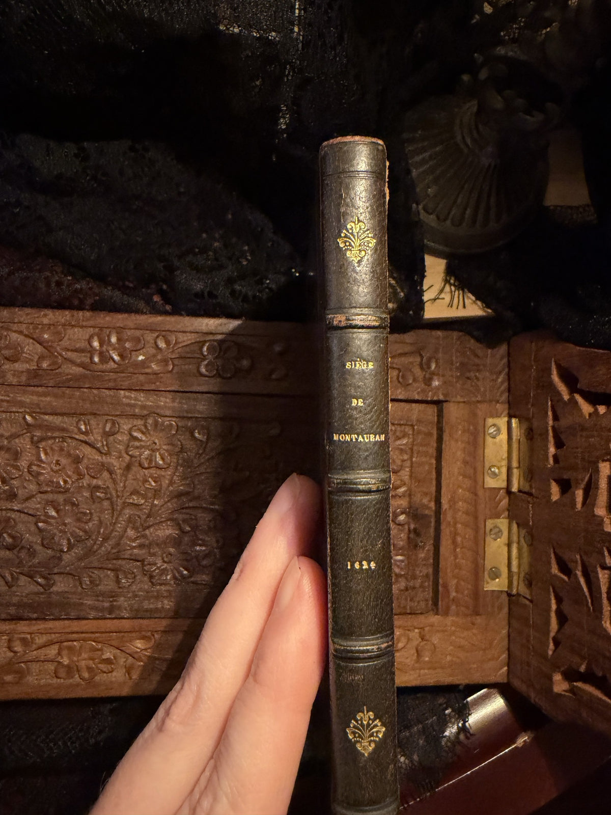 Gilt tooled leather spine of the Siege de Montauban, 1624, held upright in one hand, IM-0049